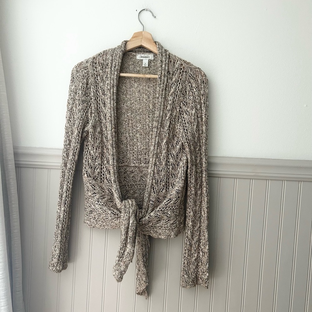 Y2K dressbarn Medium Taupe Tan Knit Front Tie Crochet Cardigan